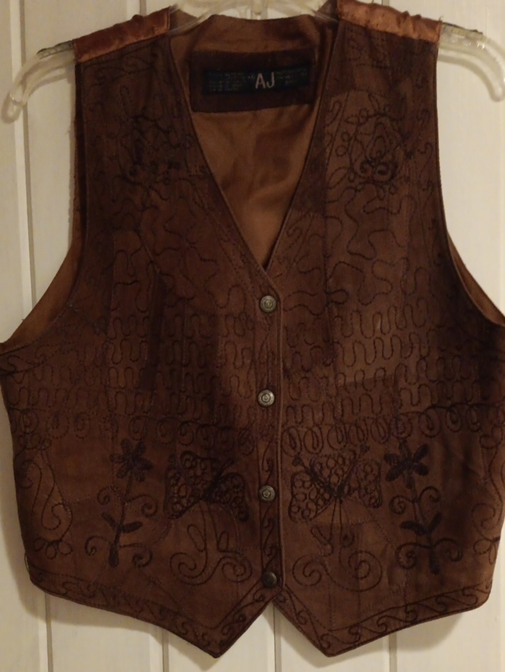 Brown Embroidered Suede Vest - Brown Sz : Medium